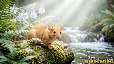 Perched on a mossy log, a small orange mouse watches by a sunlit forest stream