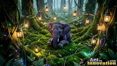 A small elephant sits on moss under hanging lanterns in a dark woods