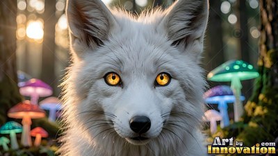 Bright amber eyes stare from a white fox face among colorful mushrooms in sunny woods