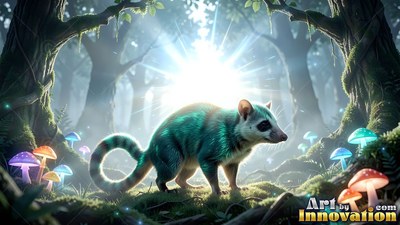 A teal ring-tailed critter walks through a forest lit from behind by bright white sunbeams