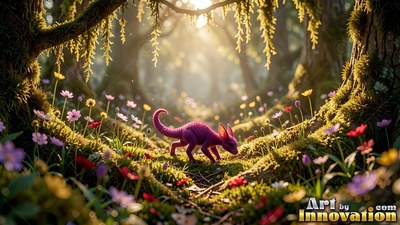 Prowling on all fours, a small pink creature walks through a sunlit forest