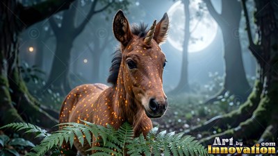 A little brown unicorn foal stands behind green ferns in a dark forest at night