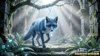 In stone ruins lit by sunbeams, a light blue fox walks along a mossy path