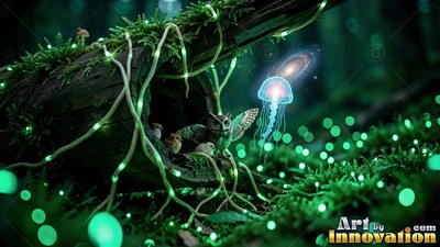 Perched in a mossy log, a small owl watches a floating blue jellyfish in the dark forest