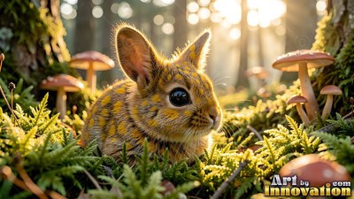 A spotted yellow bunny sits among green moss and mushrooms in the sunlight