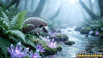 Spiky white and brown quills cover a small hedgehog resting by a misty stream with purple crystals