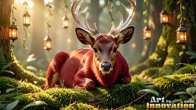 A reddish deer rests on mossy ground beneath small hanging lanterns in the soft woods