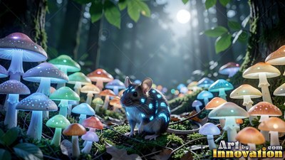 Crouched low on the forest floor, a tiny mouse sits beside bright mushrooms