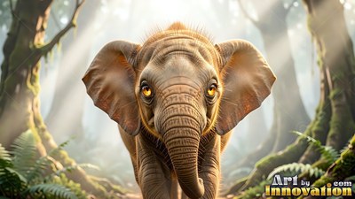 A tiny elephant with amber eyes walks through sunlit woods