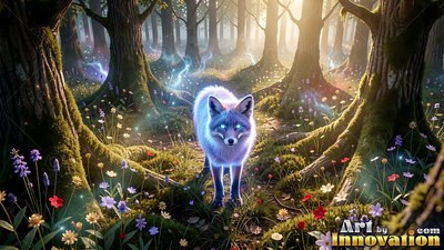 In a sunlit forest, a silver fox with bright blue eyes stands on a mossy path