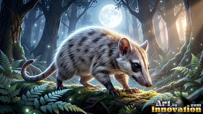 Walking on a mossy log, a spotted possum explores a moonlit forest under soft light