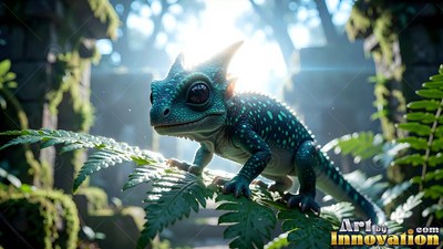 A small horned lizard rests on a green fern in sunlight