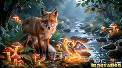 Point ed ears perk on an orange fox watching a bright winged owl by a stream