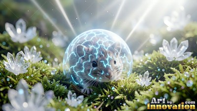 A tiny mouse crouches inside a bright blue electric bubble on green moss