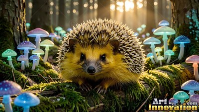 Facing forward, a spiky hedgehog sits on a mossy log surrounded by small mushrooms