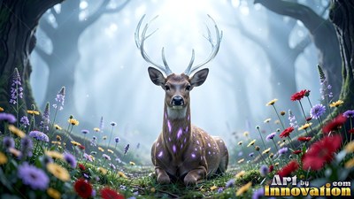 A spotted deer rests among colorful wildflowers under bright misty woods