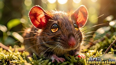 In sunny moss, a furry brown mouse with large amber eyes crouches close