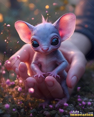 Sitting in cupped hands, a tiny pink-eared fantasy creature with big dark eyes outdoors