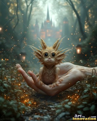 A tiny spiky creature sits in an open hand in a dim forest