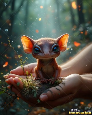 Large rounded ears frame a tiny brown creature sitting in open hands in a forest