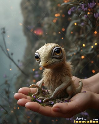 A tiny fuzzy lizard sits in open hands with soft orange lights behind it