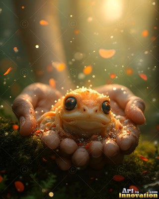 Sitting curled up in cupped hands, a small orange frog rests on moss