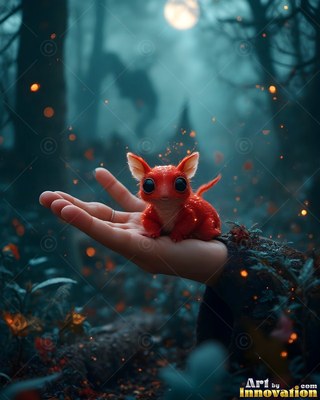 A tiny red critter with big eyes sits on an open hand in a dark forest at night