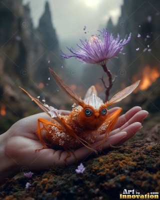 In an open hand outdoors, an orange fuzzy insect sits beside a purple flower