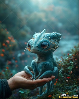 Perched on an open hand, a tiny blue dragon sits among small forest flowers
