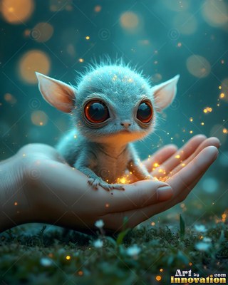 Tiny fuzzy critter with big eyes sitting in a hand