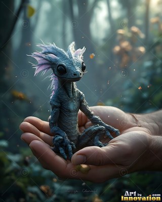Purple finned ears frame a tiny blue creature sitting in cupped hands inside a dim forest