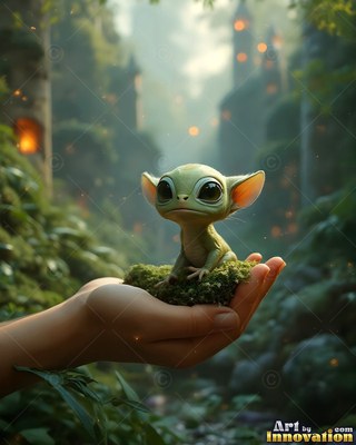 A tiny green creature rests on a patch of moss held in an open hand under soft golden light