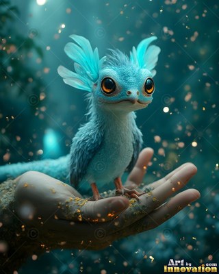 Perched on an open hand in the dark woods, a tiny blue creature stares forward