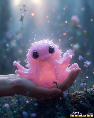 A fluffy pink critter with big black eyes sits in an open hand in the woods