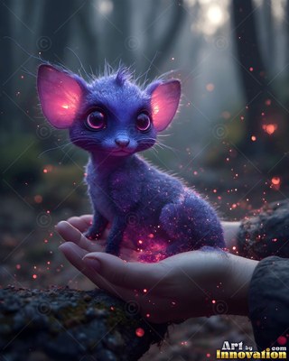 In a dim forest, a tiny purple creature with large ears sits in two open hands