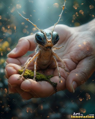 Resting in an open hand, a tiny horned insect creature sits on green moss in soft light