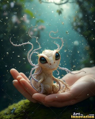 Tiny pale creature with big dark eyes sitting in an open hand