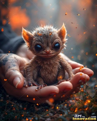 Pointed fuzzy ears frame a tiny brown creature sitting inside cupped hands in a forest