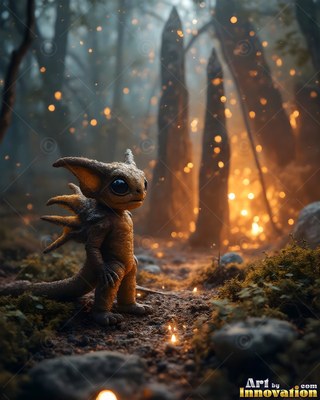 A small spiky creature stands on a dirt path facing bright orange light in the woods