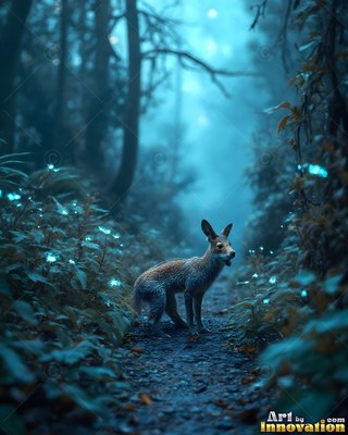 Standing on a dark path in a blue forest, a small deer-like creature looks back