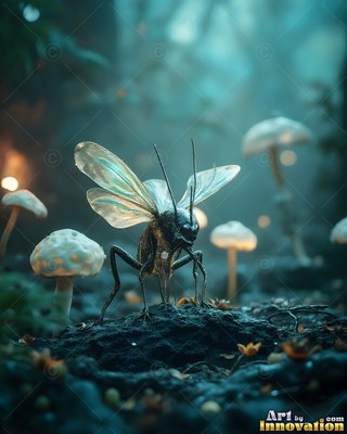 A winged insect stands on dark moss near pale mushrooms in blue light