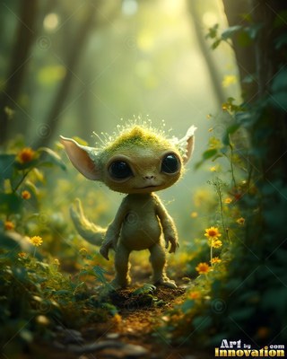 In a sunny woodland, a small green creature with big dark eyes stands among flowers