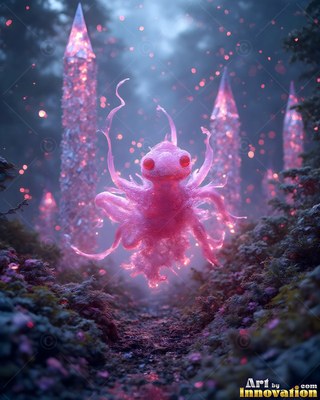 Floating along a forest path, a fuzzy pink creature hovers near tall crystals