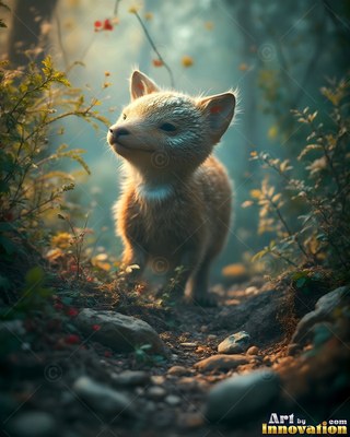 Fuzzy small creature walks down a forest path in soft sunlight