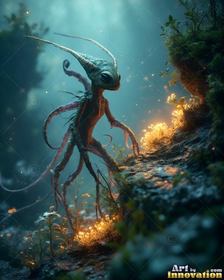 Long curved antennae crown a slender creature climbing a dark mossy slope lit by warm yellow sprouts