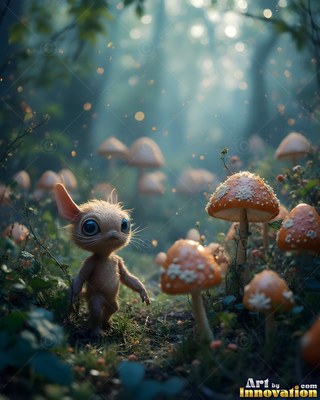 A fuzzy tiny creature walks past speckled orange mushrooms under soft blue sunlight