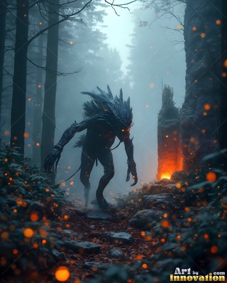 Hunched low in a misty woods, a spiky dark monster walks near orange sparks