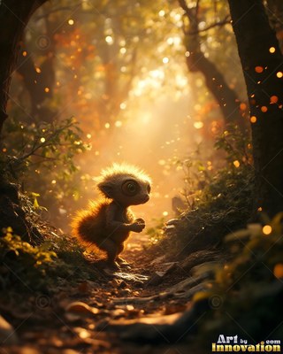 A tiny fuzzy creature walks down a dirt forest path in warm sunlight