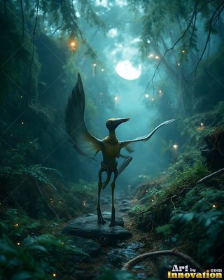 In a dark moonlit forest, a slender winged creature stands on a stone path