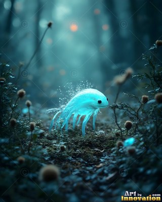 Walking on moss, a small blue creature with many legs explores a dark misty forest